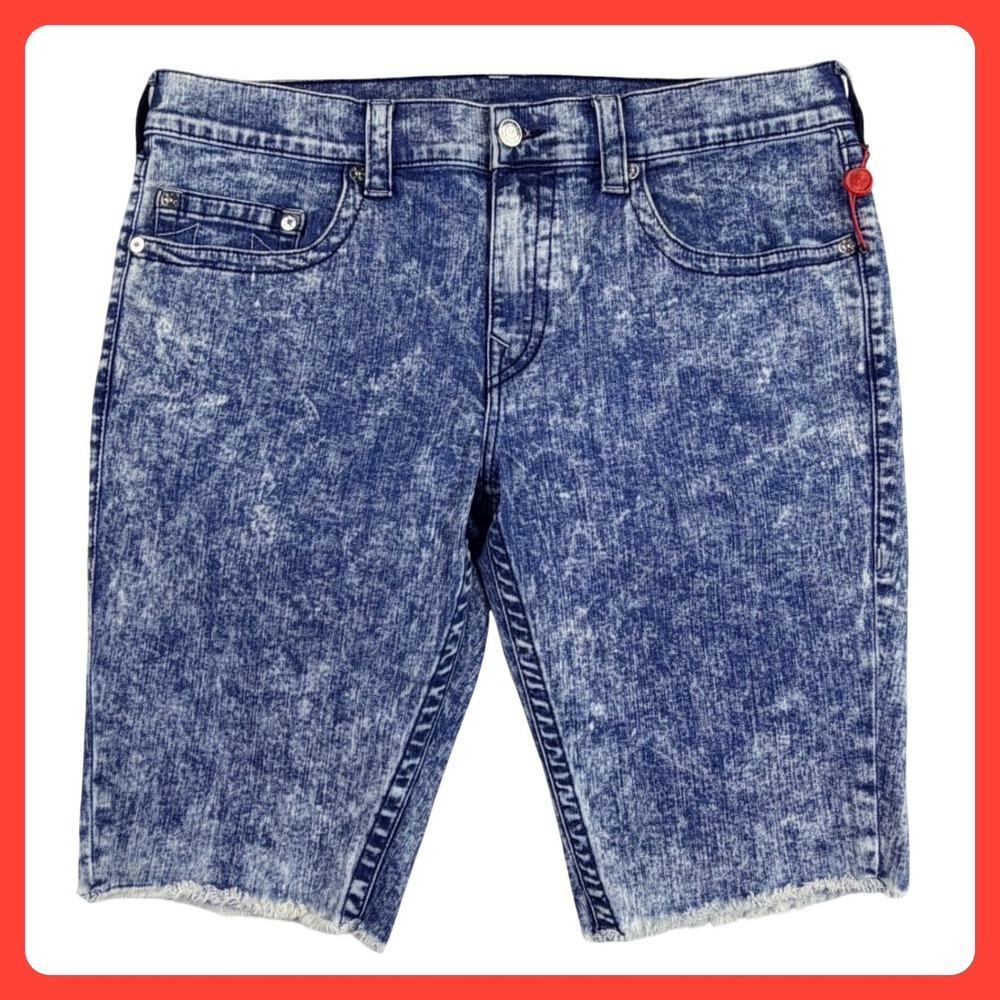 True Religion Ricky Relaxed Straight Shorts Mens 38 Blue Acid Wash Denim Raw Hem